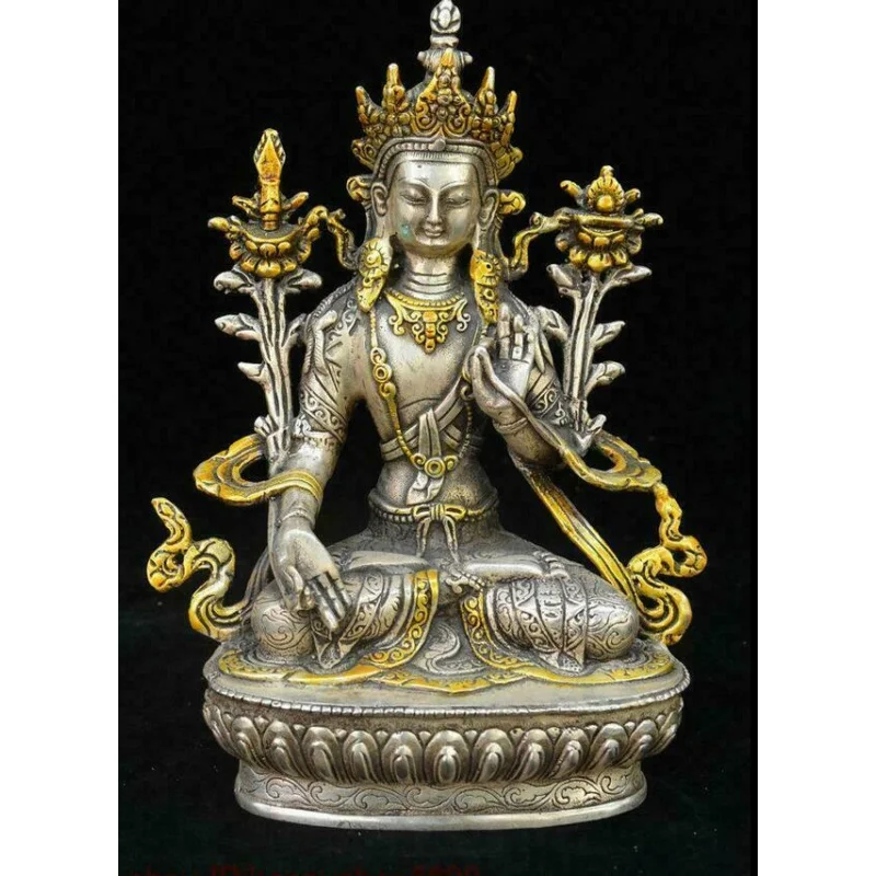 

Old Tibetan Buddhism Silver Gilt White Tara spirit of Compassion Goddess Statue