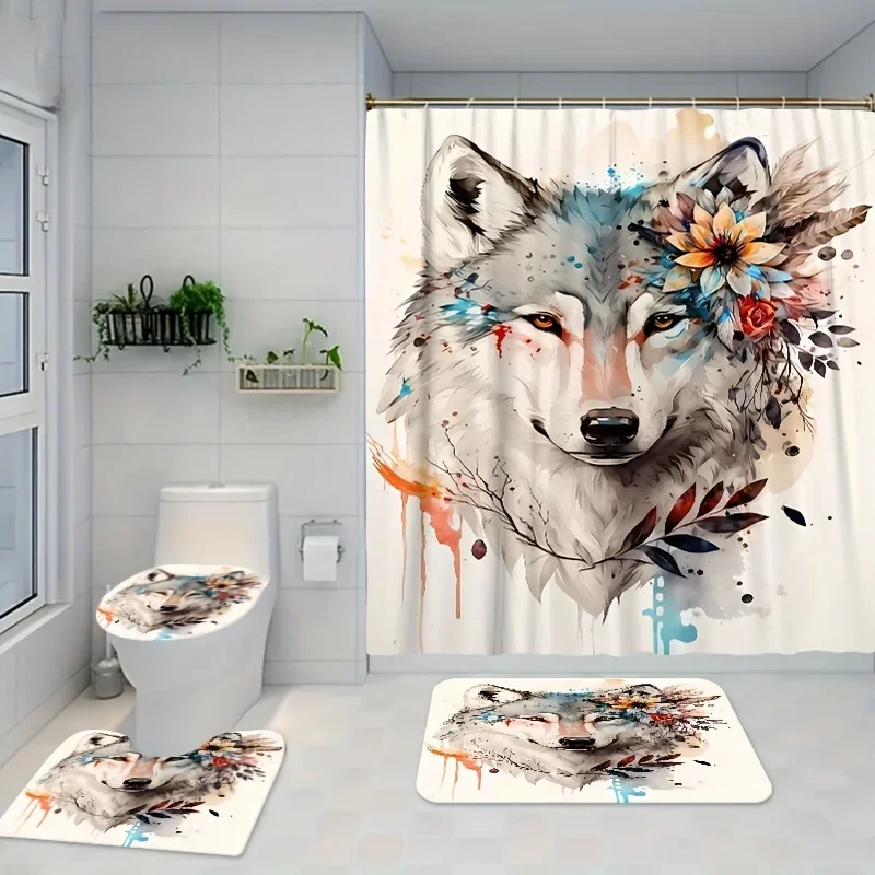 

4 шт., набор занавесок для душа с цветочным узором волка, водонепроницаемая занавеска для душа с 12 крючками, нескользящий коврик для ванной, U-образный коврик, унитаз