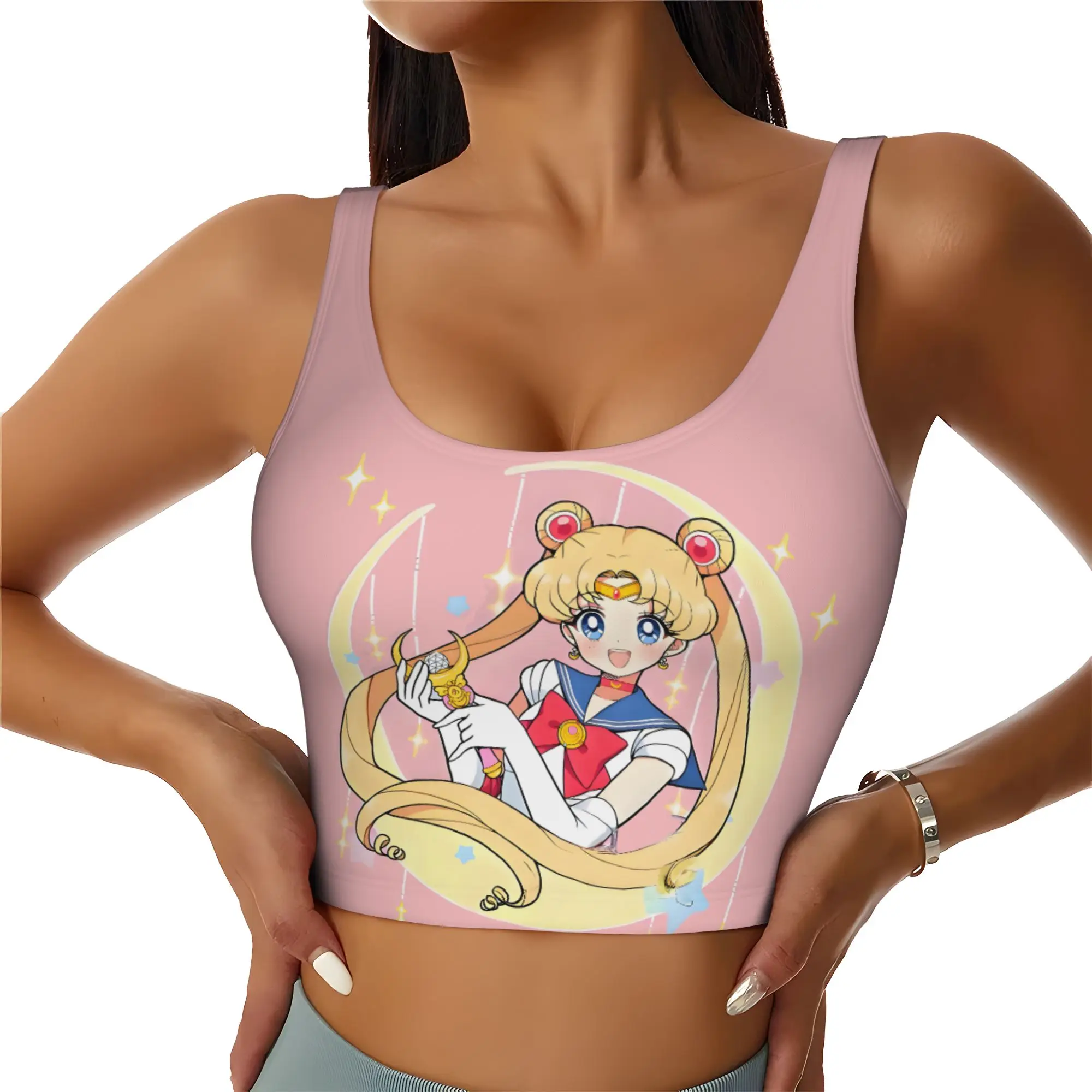 Custom Women's Sailors Anime Moons Sports Bras Usagi Tsukino High Impact Gym Workout Running Crop Tank Tops