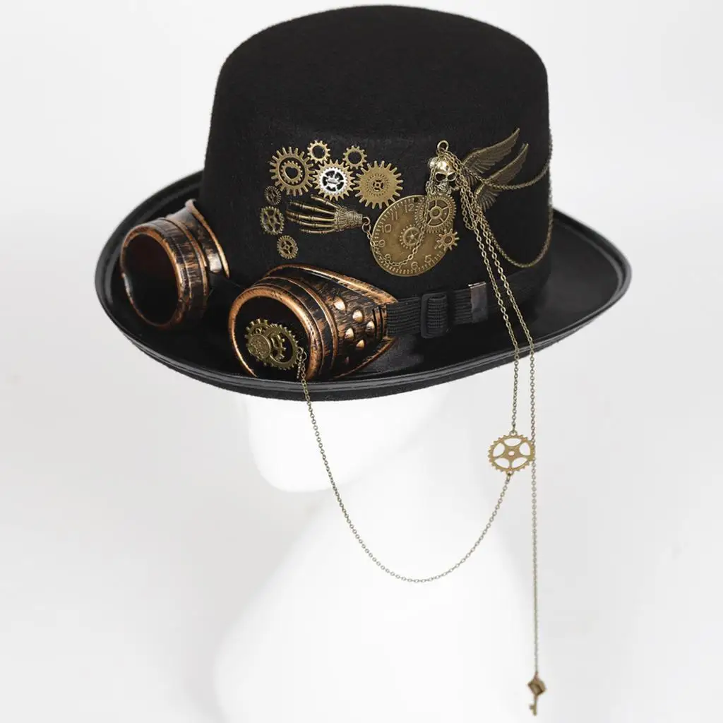 Cappello a cilindro gotico in oro nero Halloween con occhiali Steampunk Costume Gear