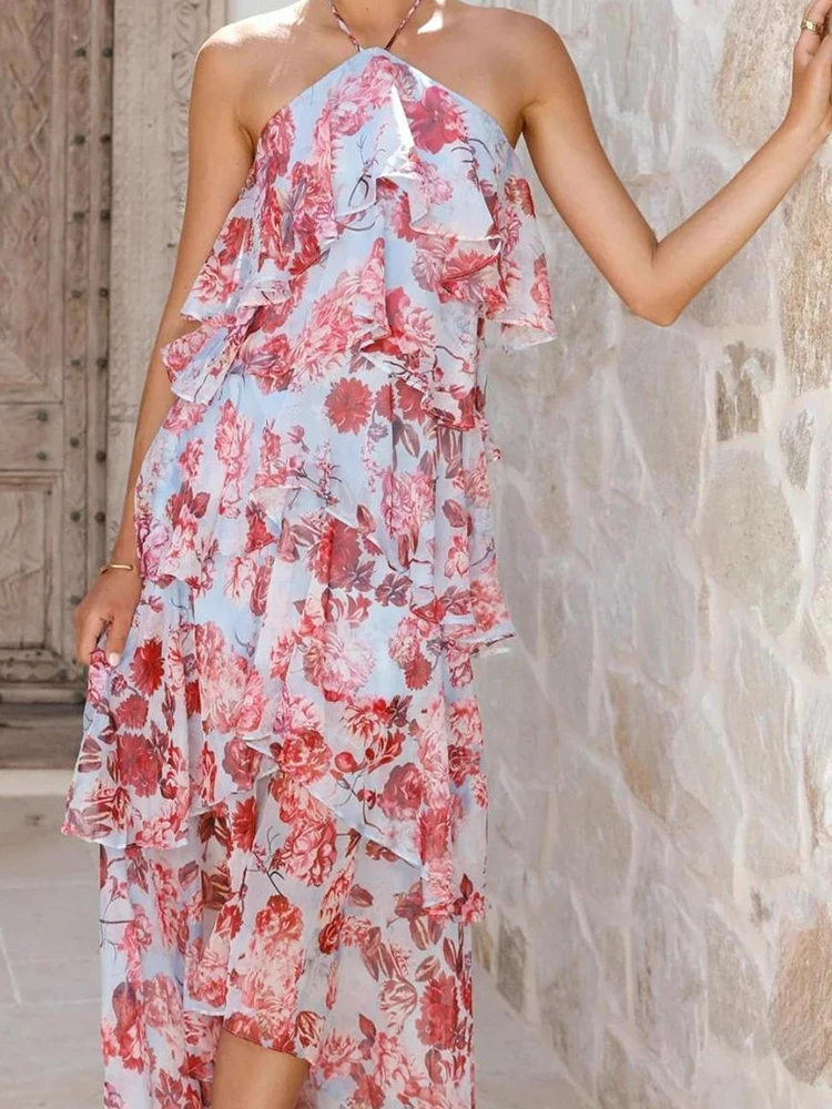 Novo 2026 verão em camadas plissado borda bolo vestido longo senhora casual sem costas vestido de praia sexy halter oco sem mangas vestido de férias