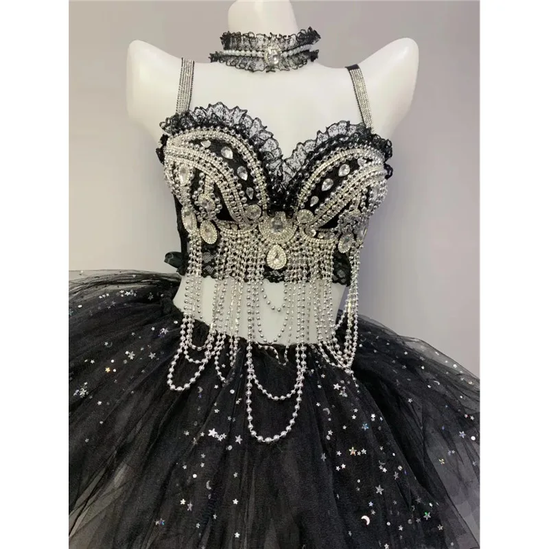 Black Rhinestones Beading Halter Tops Tutu Skirt Party Rave Outfit Sexy Women Nightclub Bar Performance Costume