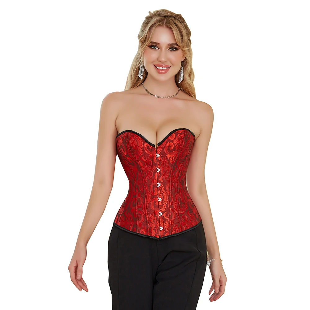 Espartilho jacquard ossos de plástico overbust corselet cintura vintage bustier top bascos