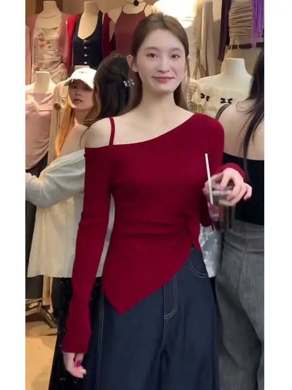 

plus Size Women's Vintage Sexy Shoulder Bared Long Sleeve T-Shirt Thin Neck Design Spring Autumn Korean Style Comfortable Bre...