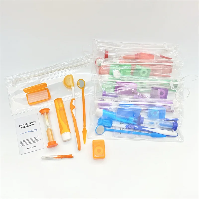 

Hot Selling Dental Orthodontic Care Eight Piece Set With Soft Toothbrush and Dental Floss Threaders