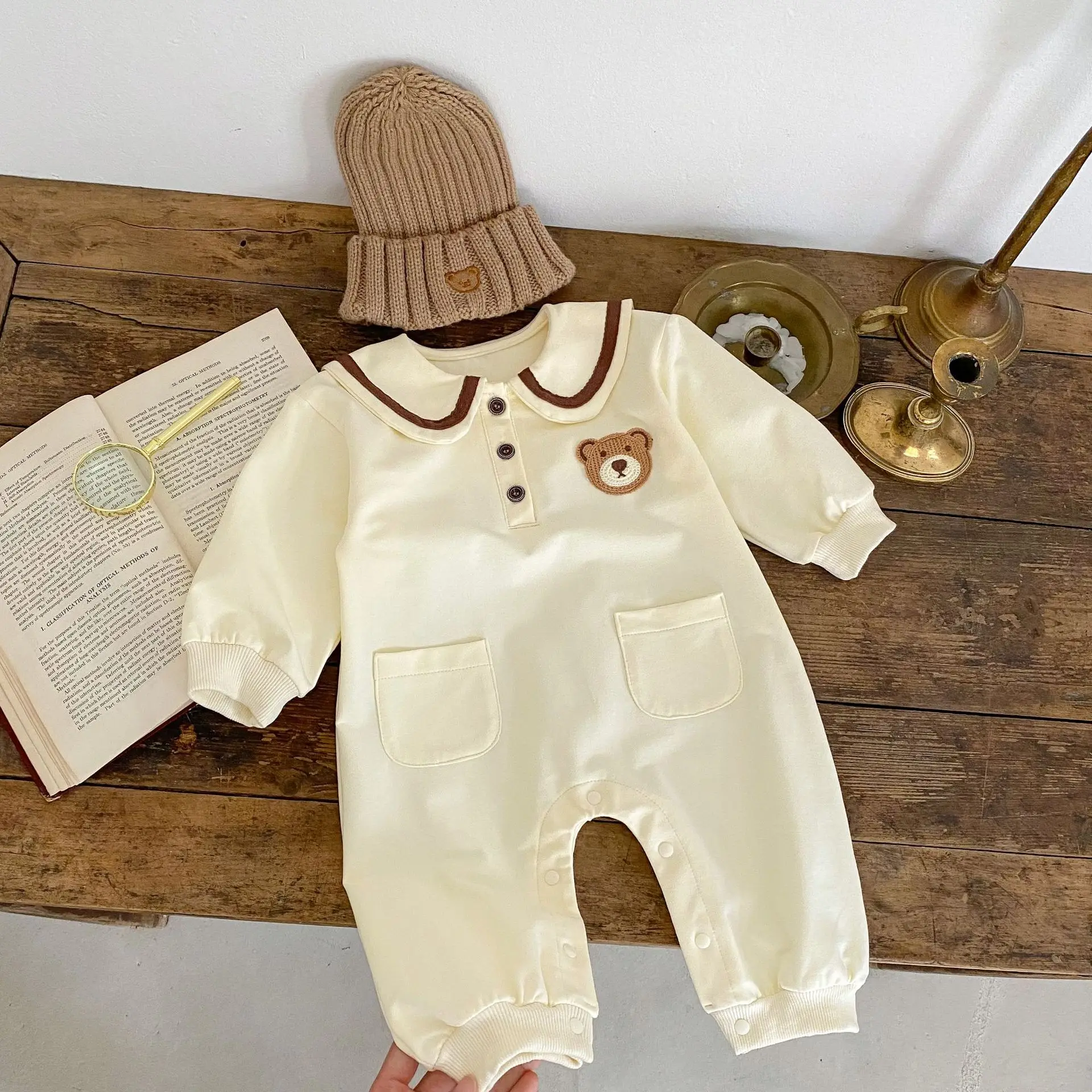 2024 Spring Autumn Newborn Baby Girls Romper Cotton Long Sleeve Infant Girls Bodysuit Pocket Bear Versatile Toddler Girls Coat