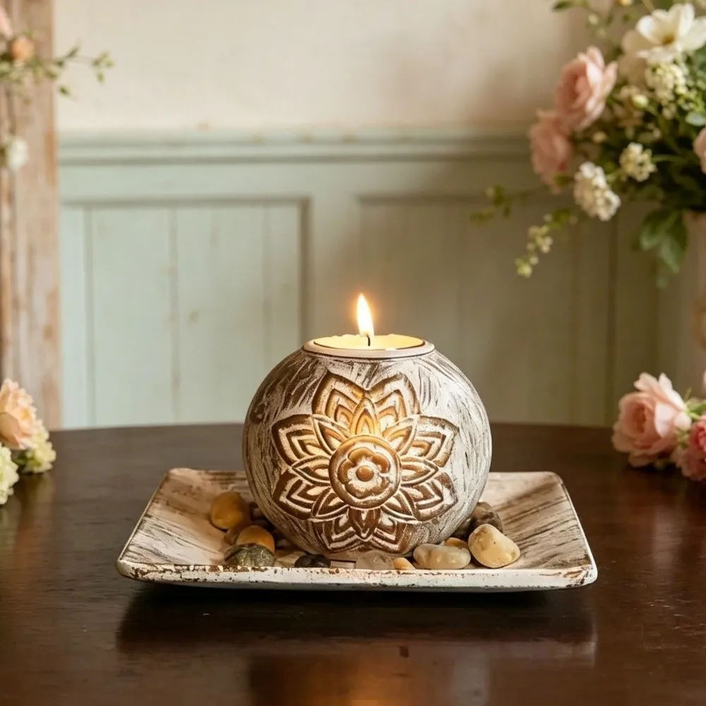 Table Centerpiece Wood Tealight Candlestick Round Retro Spherical Candle Holder with Tray European Style Tealight Stand Gift