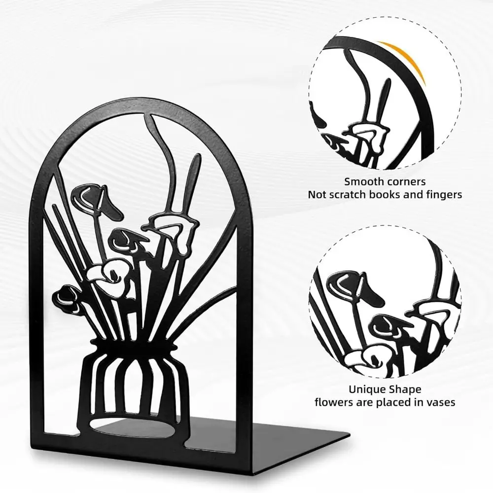 

2Pcs New Anti-Slip Metal Bookends L-shaped Hollow Book Rack Stand Modern Flower Carved Pattern Bookshelf