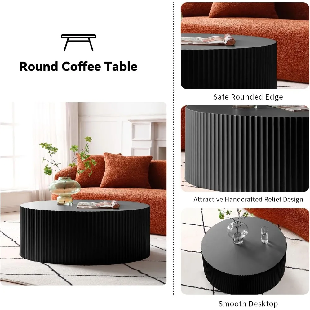 Round Coffee Table, 35.43" Modern Minimalist Center Table Tea Table with Relief Design for Living Room Apartment Small Space