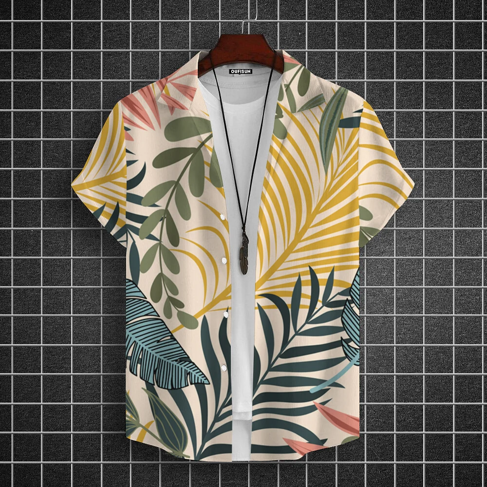 Hawaii Shirt Hundred New Mens Lapel Shirt Casual Youth Short Sleeve Tops Men\'s 3d Leaf Print Pattern Oversized Blouse