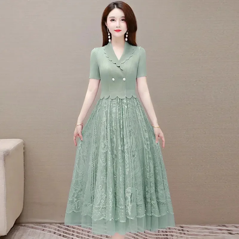 Anzug Kragen Patchwork Spitze Mesh Hohl Gefaltete Lange Kleid Frauen Sommer Neue Gefälschte Zwei-stück Damen Party Abendkleider vestidos