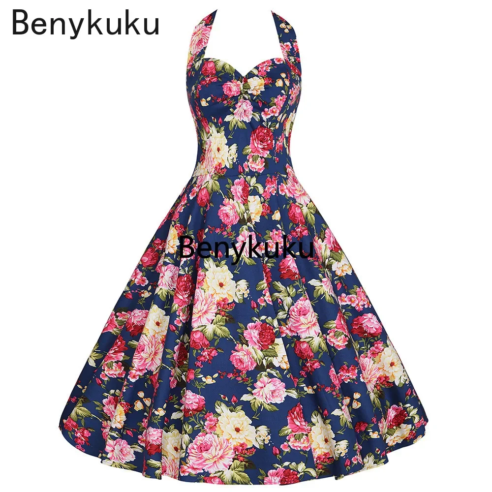 Stampa floreale Hepburn Vintage 50s 60s Pin Up Rockabilly vestito Plus Size donne abiti estivi Sexy Halter Party retrò abiti di cotone