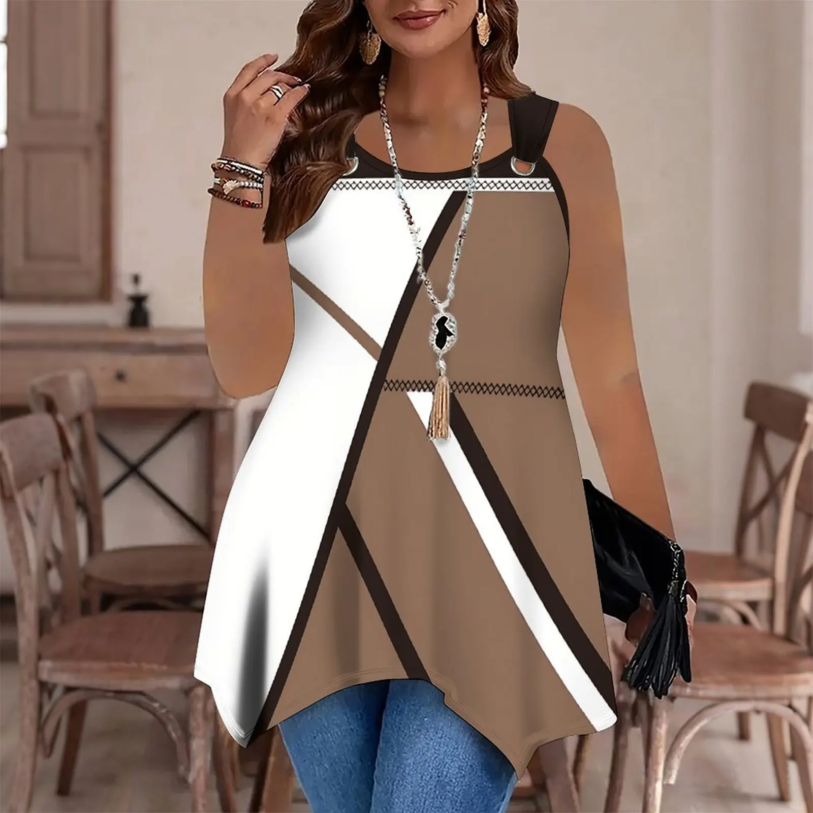 Ladies' Slim Printed Sleeveless T-shirt Retro Round Neckbeach Vacation Fashionable Tops