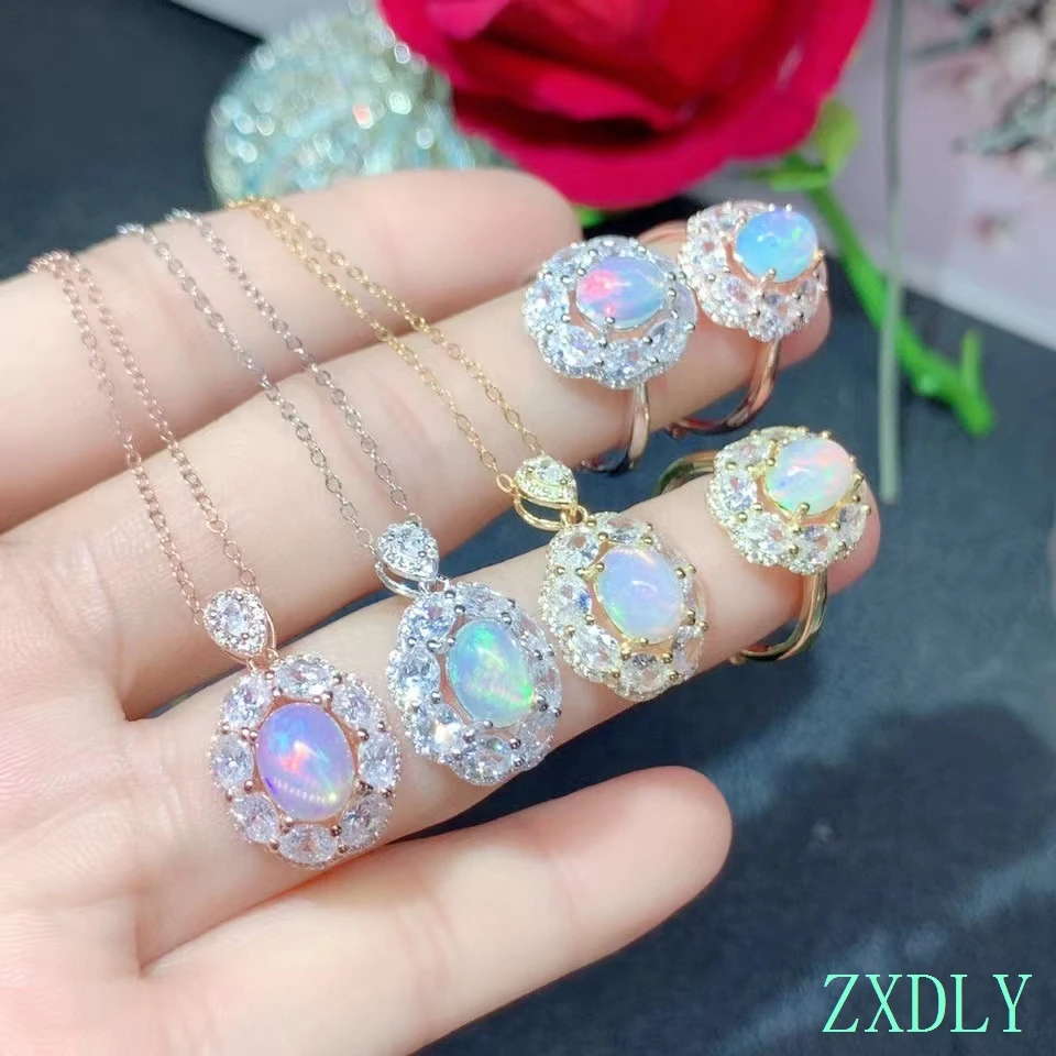 

Newest Natural Opal Ring and Women Necklace One Suit Fine Jewelry Set for Women Real 925 Sterling Silver Good Gift Colorful gem