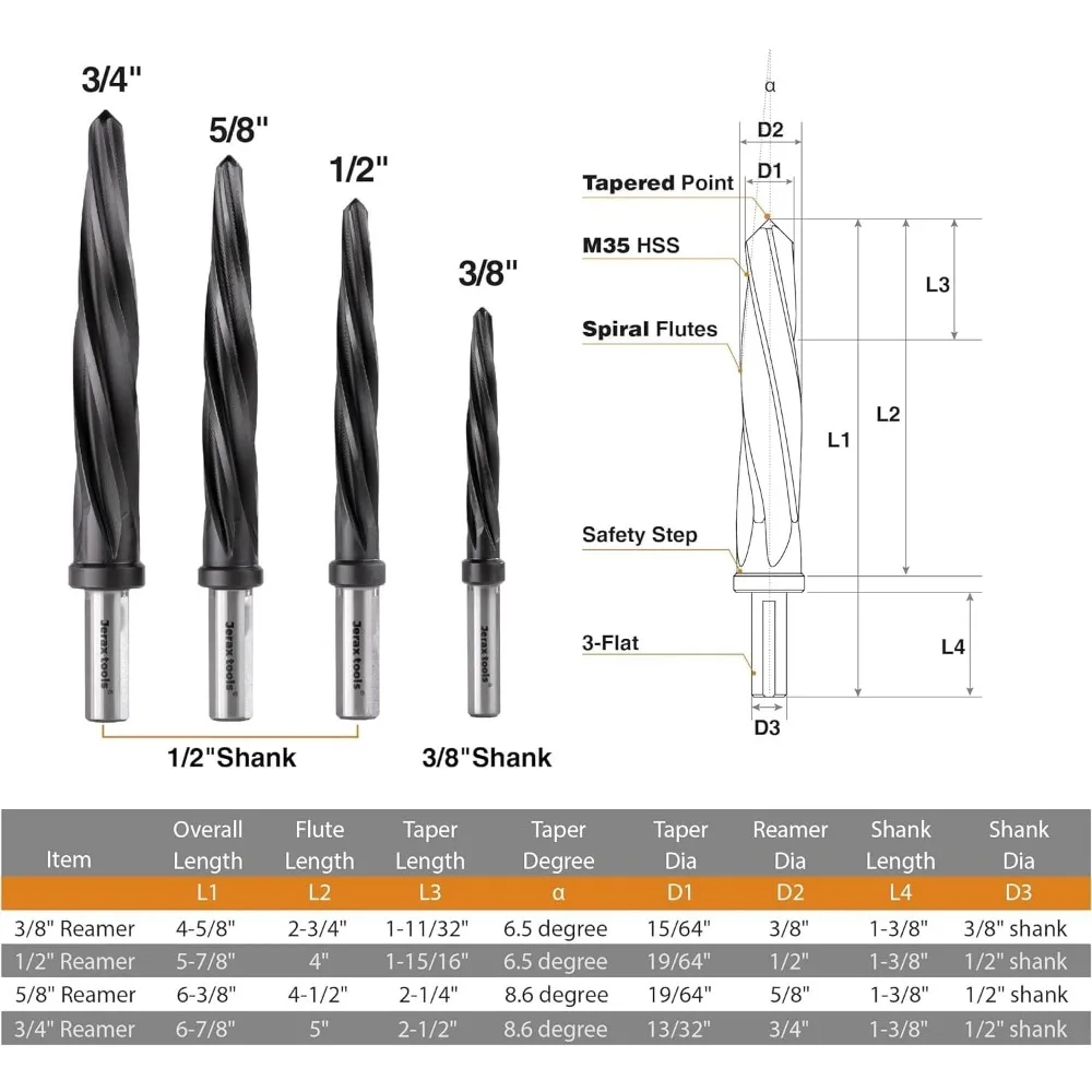 4pcs Bridge/Construction Reamer Set,  Steel Metal Wood Plastic, 3/8