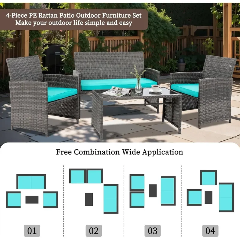 4 Piece Patio Ratten Set Outdoor Furniture Set Wicker Conversation Sets with Cushions and Tempered Glass Tabletop Blue