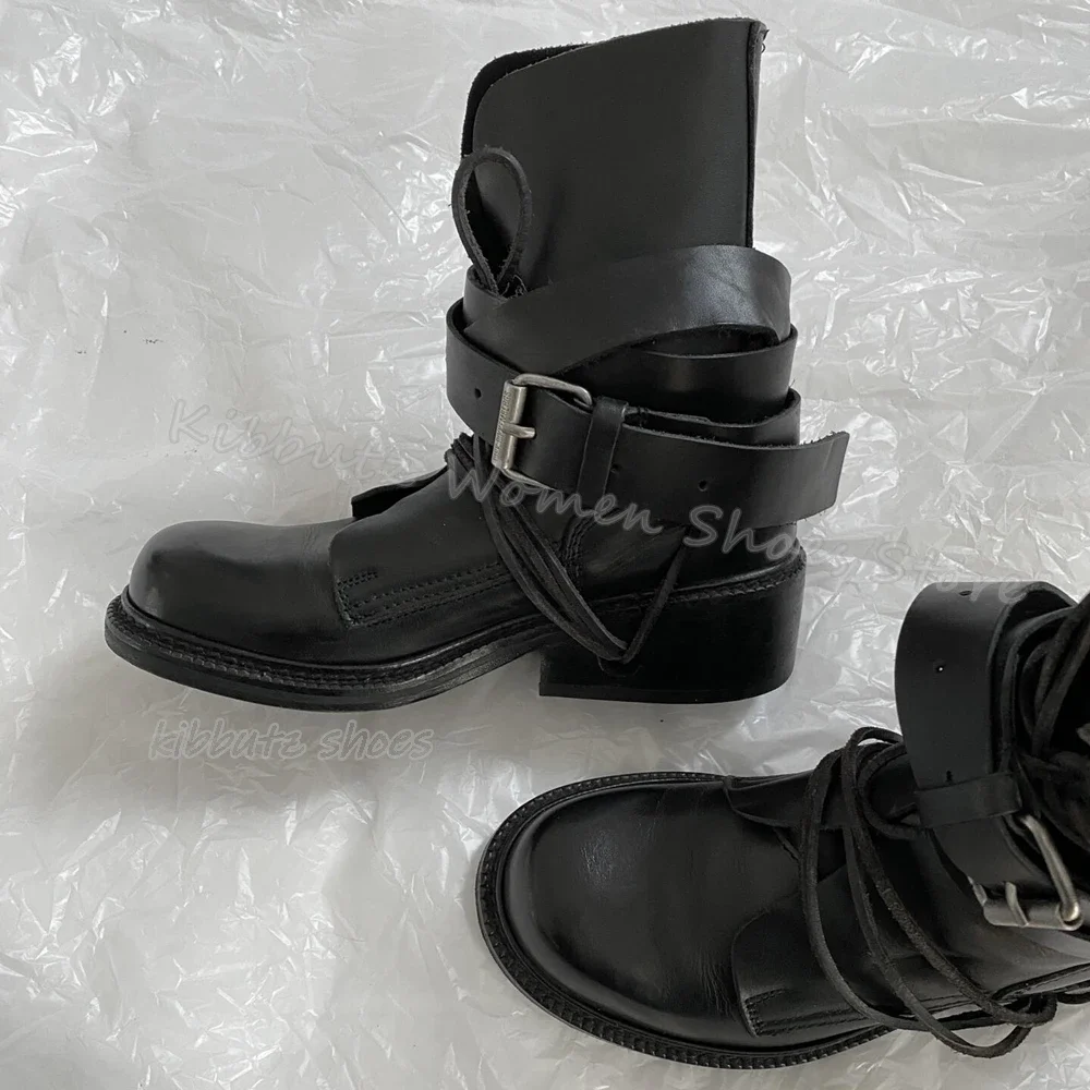 Belt Buckle Ankle Boots Luxury Leather Elegant Concise Fashion Luxury Solid Color Party Women Shoes New Round Toe Chunky Heels