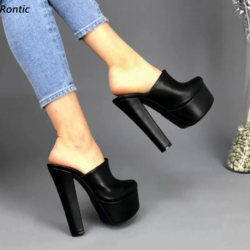 Rontic 2022 Handmade Women Platform Mules Sandals Unisex Matt Block Heels Round Toe Elegant Black Casual Shoes US Size 5-20