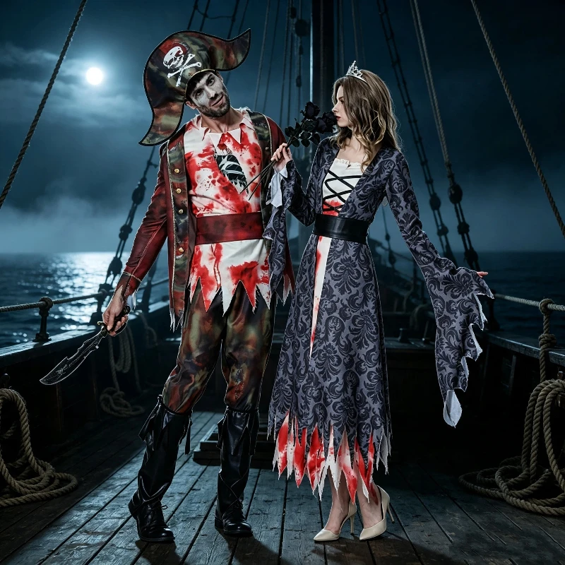 Disfraz de Halloween para parejas adultas, disfraz de pirata zombi para hombre, vestido desgarrado de novia fantasma para mujer, disfraz de fiesta de terror, cosplay, disfraz elegante