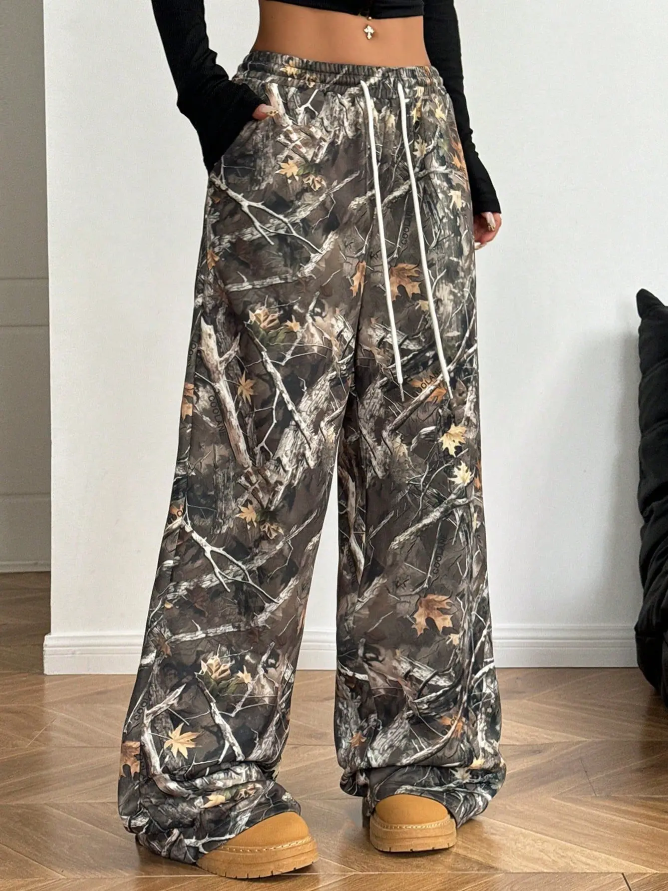 2025 American Teen Women's Fashion Casual Elastic Waist Camouflage Printing Skinny Wide Leg Floor Pants