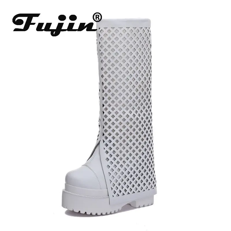 Fujin 12cm Air Mesh Cow Genuine Leather Mid Calf Knee High Booties Summer Hollow Women Boots Slip on Boots Platform Wedge Shoes