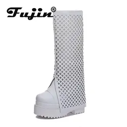 Fujin 12cm Air Mesh Cow Genuine Leather Mid Calf Knee High Booties Summer Hollow Women Boots Slip on Boots Platform Wedge Shoes