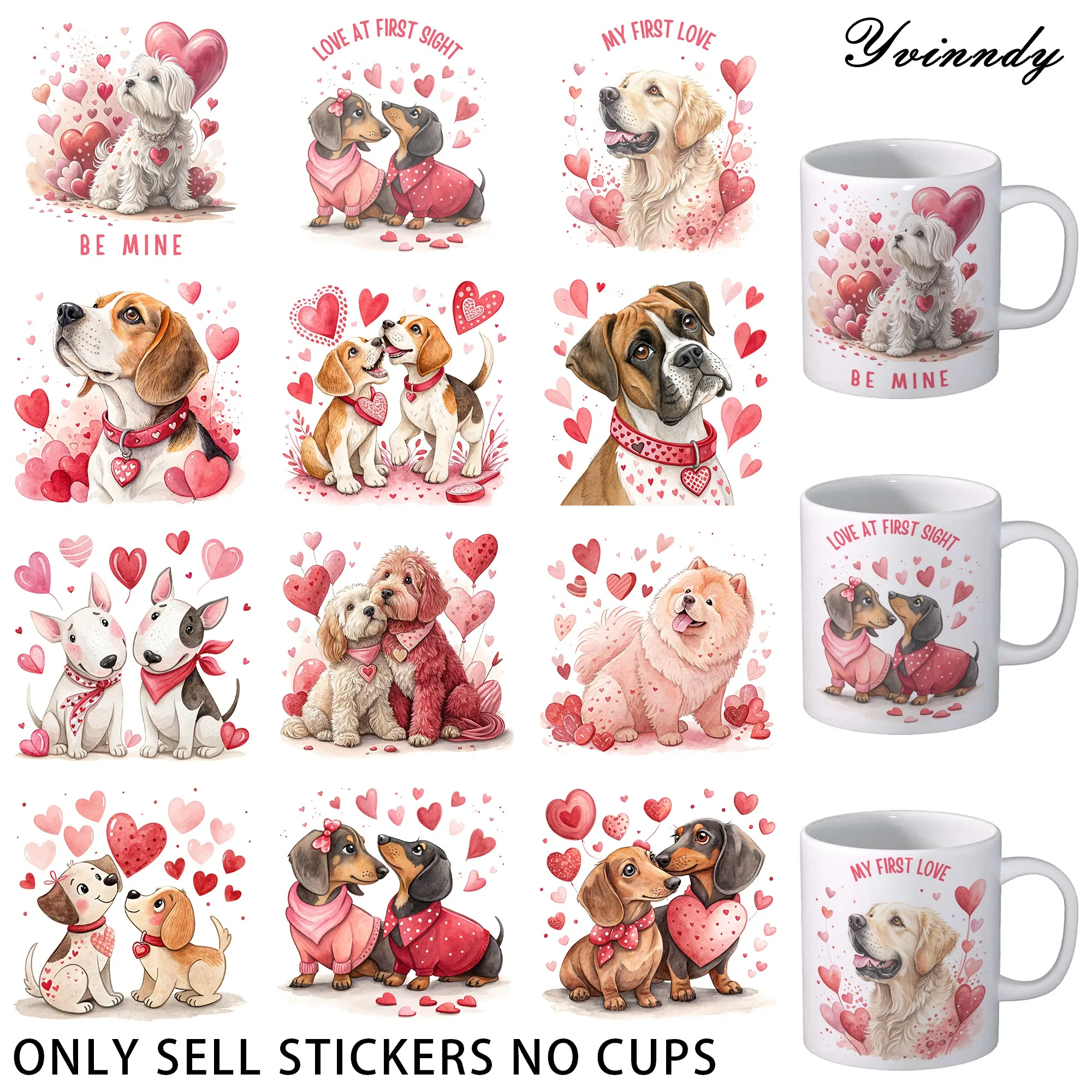 

12 штук УФ-наклеек с изображением собак ко Дню святого Валентина - водонепроницаемая УФ-ДТФ бумага для творчества и рукоделия, декоративная бумага для самостоятельного оформления.