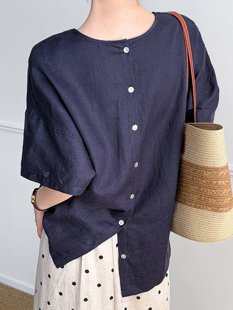 YERMORA Pink Color Back Button Linen Thin Blouse For Women O-neck Half Sleeve Loose New Shirt Fshion Tide Spring Summer 2025