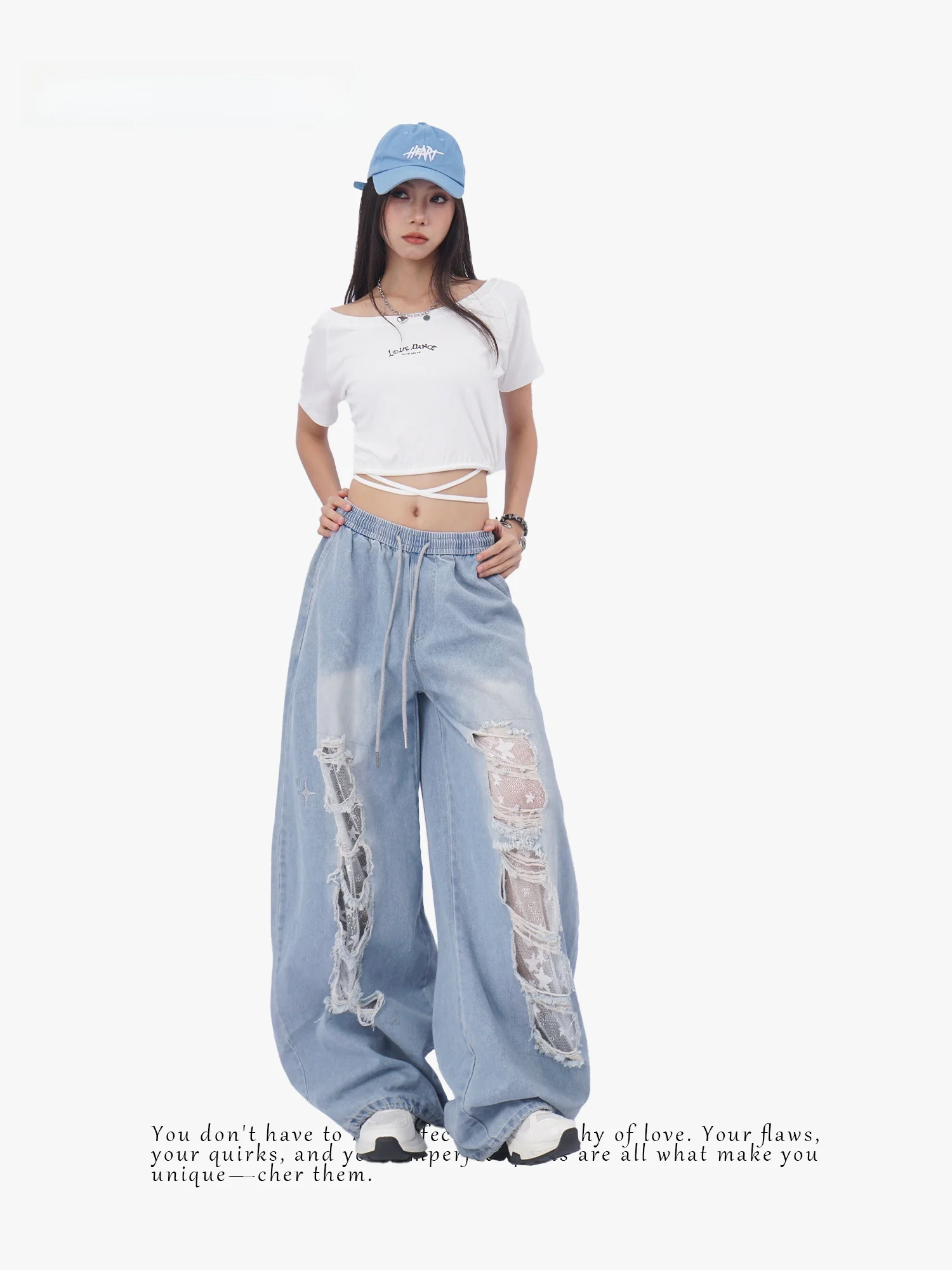 High Waist Wide Leg Jeans Women's Distressed Netting Patchwork Denim Pants Street Dance Style Cotton Blend Casual Pants