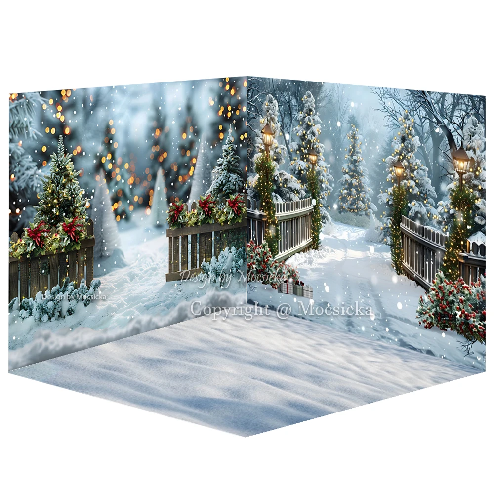 Winter Snow Floor Photography Background Shiny Christmas Tree Fence Backdrop Decor Family Photo Kid Cake Smash Photographic Prop