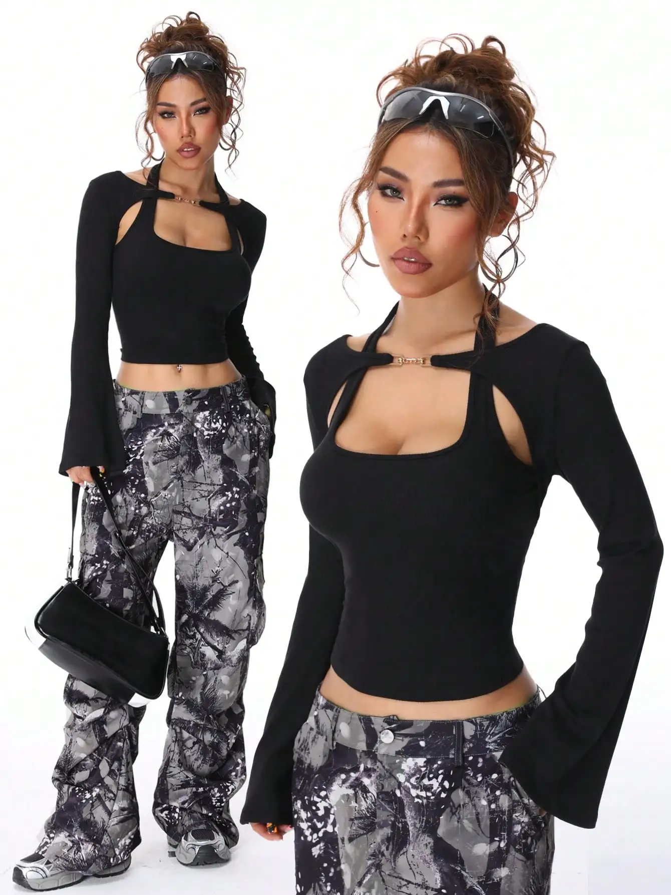Women's Trendsetter Two Piece Set Halter Neck Chain Button Long Sleeve Faux Two-Piece Top Slim Fit Long Sleeve