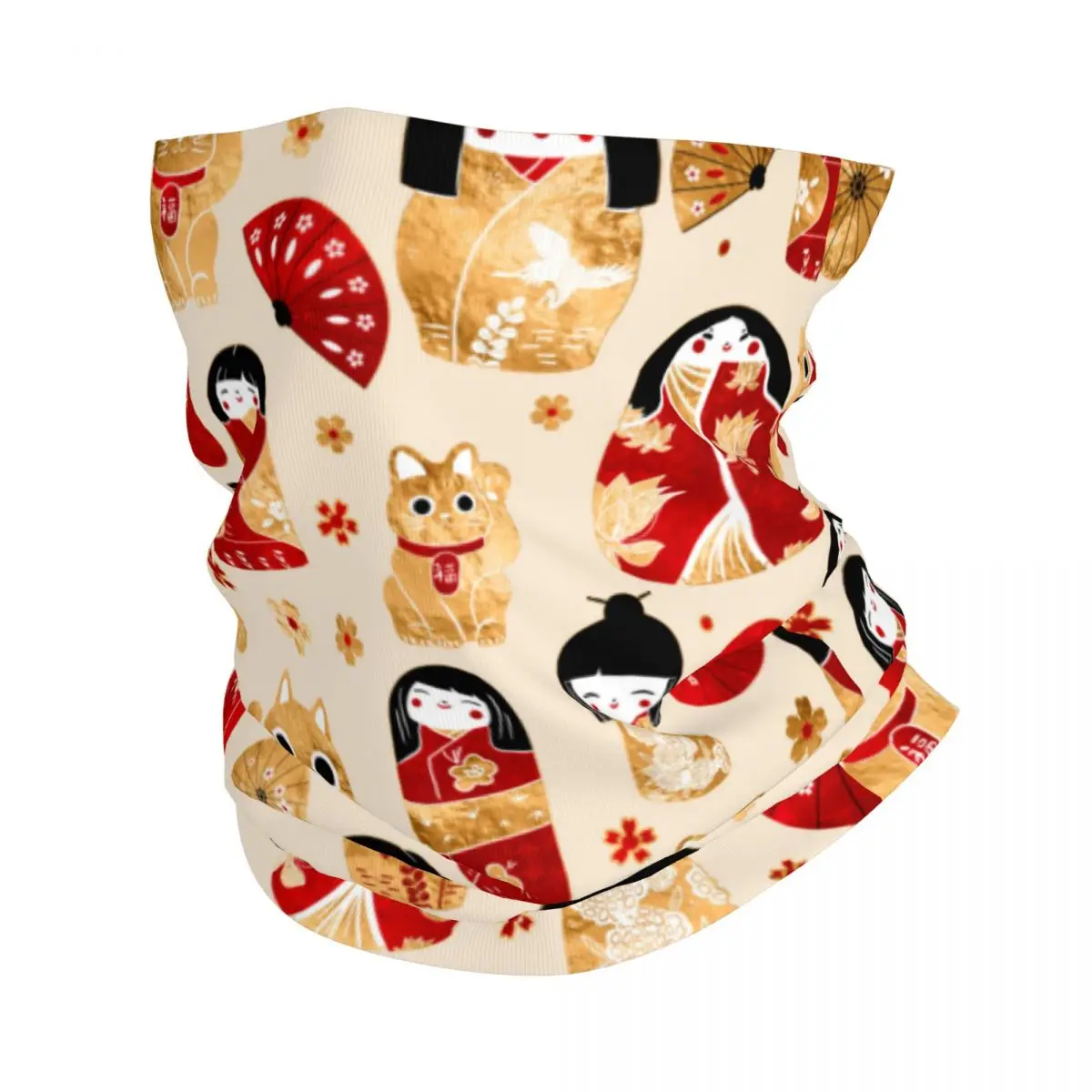 Japanese Dolls Bandana Neck Gaiter Printed Kokeshi Cats Magic Scarf Warm Headwear Running Unisex Adult All Season