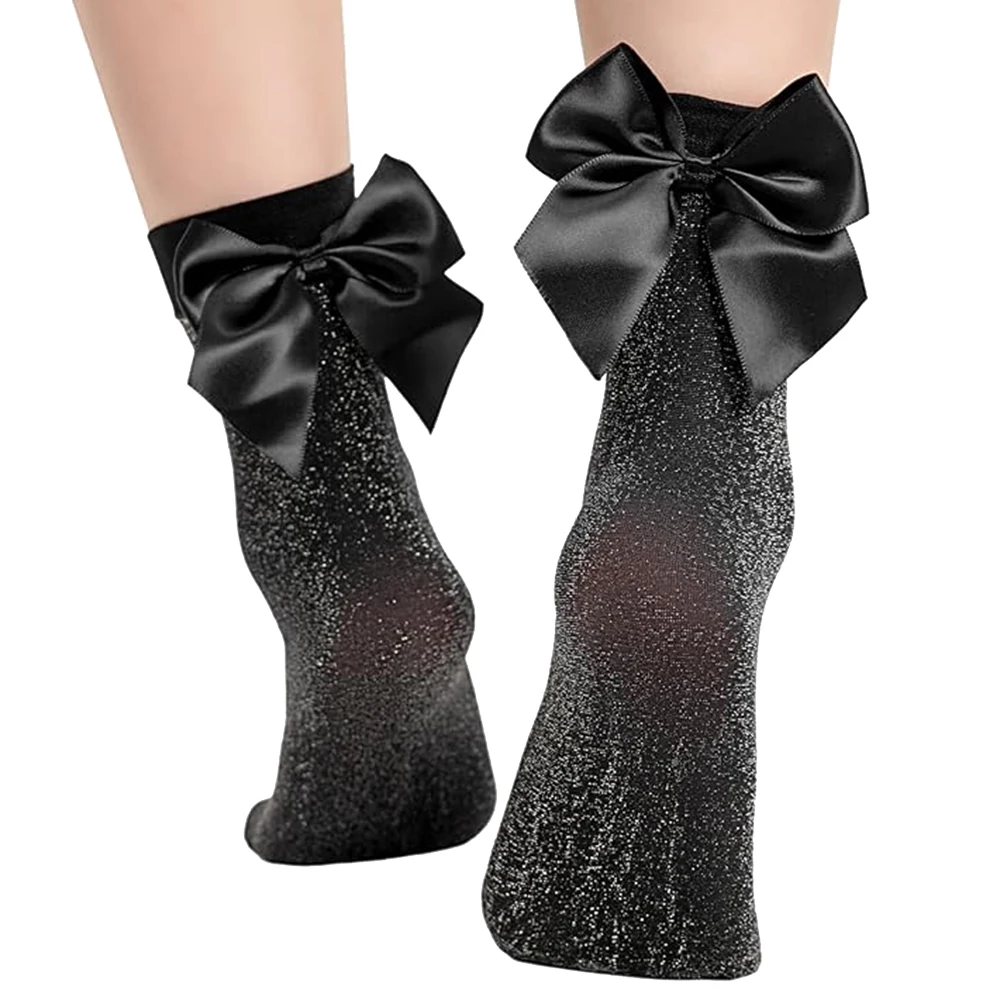 1 Pair Women's Cool Girls Lace Bow Ruffle Socks Japanese Kawaii Cute Socks Women Black Socks Shining Socks