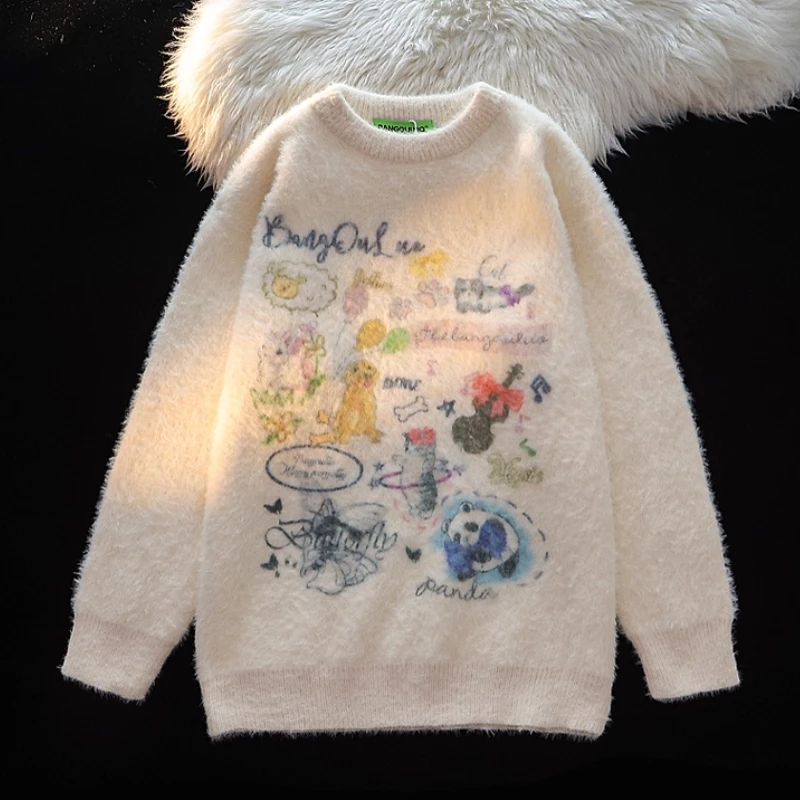 

Women Sweet Kawaii Print Knitted Sweater Autumn Winter Casual Fashion Loose Pullover Female Y2k Harajuku Long Sleeve Tops New