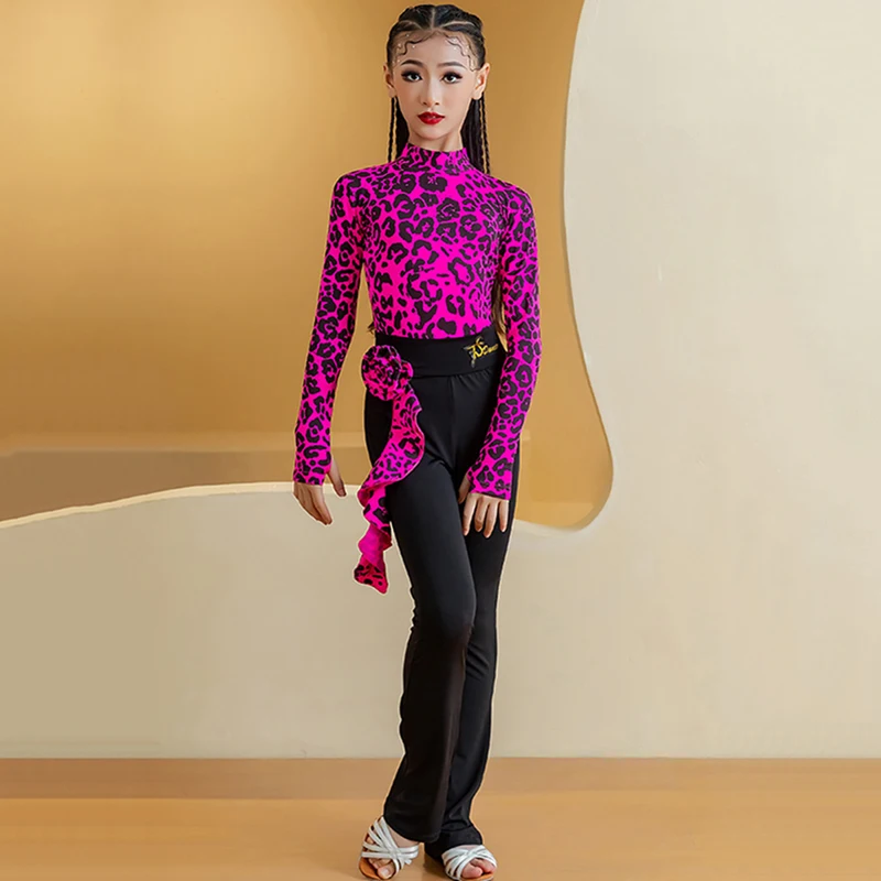 Kids Girls Long Sleeve Leopard Print Latin Dance Performance Waltz Competition Dancewear Children Bodysuit and Trousers