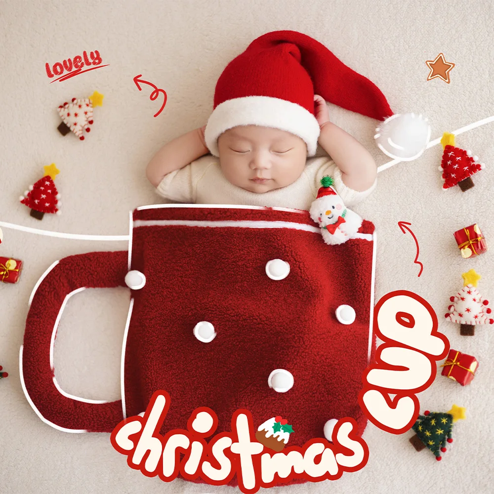 

Soft Knitted Jumpsuit Santa Hat Set Plush Background with Cup Shaped Pockets Studio Christmas Theme Photoshoot Props Accessories