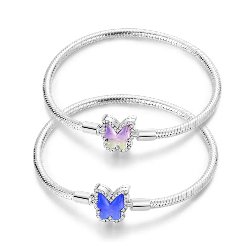 

17-20cm Bracelet Silver 925 Original Snake Chain Butterfly Zircon for Charms Beads Pendant Birthday Jewelry Making Gifts
