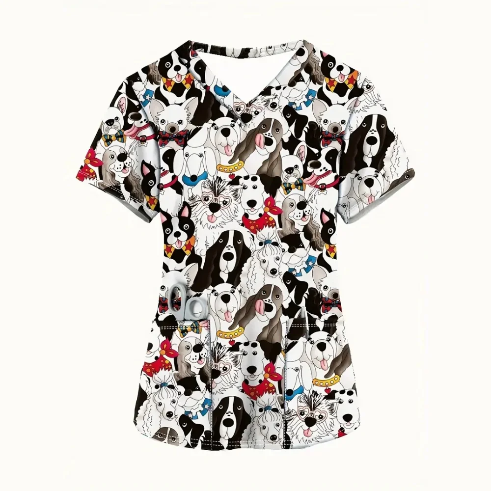 Surgical Uniforms Woman Christmas Puppy Cartoon Print Dental Vet Medico V-Neck Short Sleeve Micro-Stretch Uniforms Women Medical