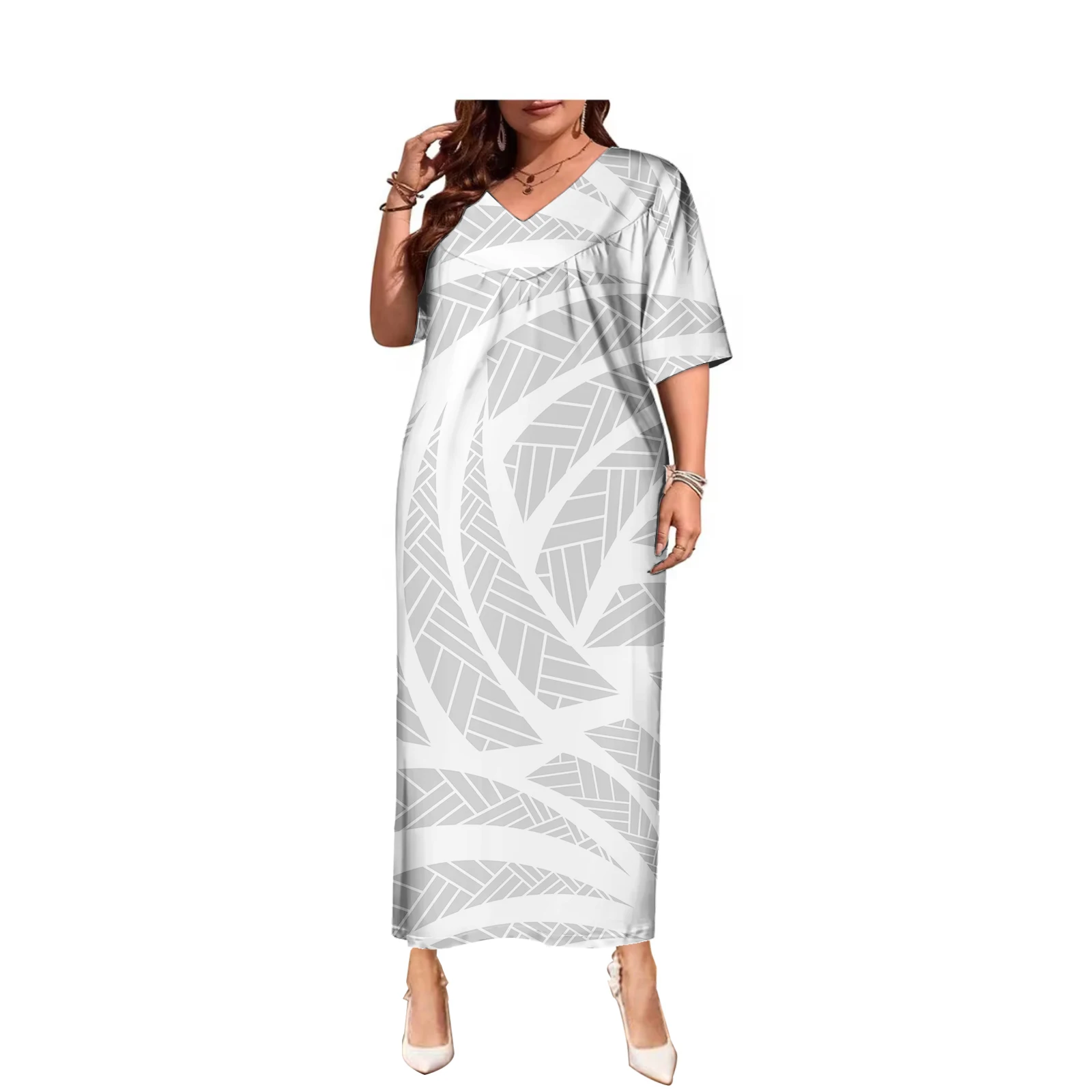 Short Sleeves Maxi Dresses Women Elegant Polynesian Tribal Samoan Tapa White Print Custom Women Sexy Plus Size Church Dress