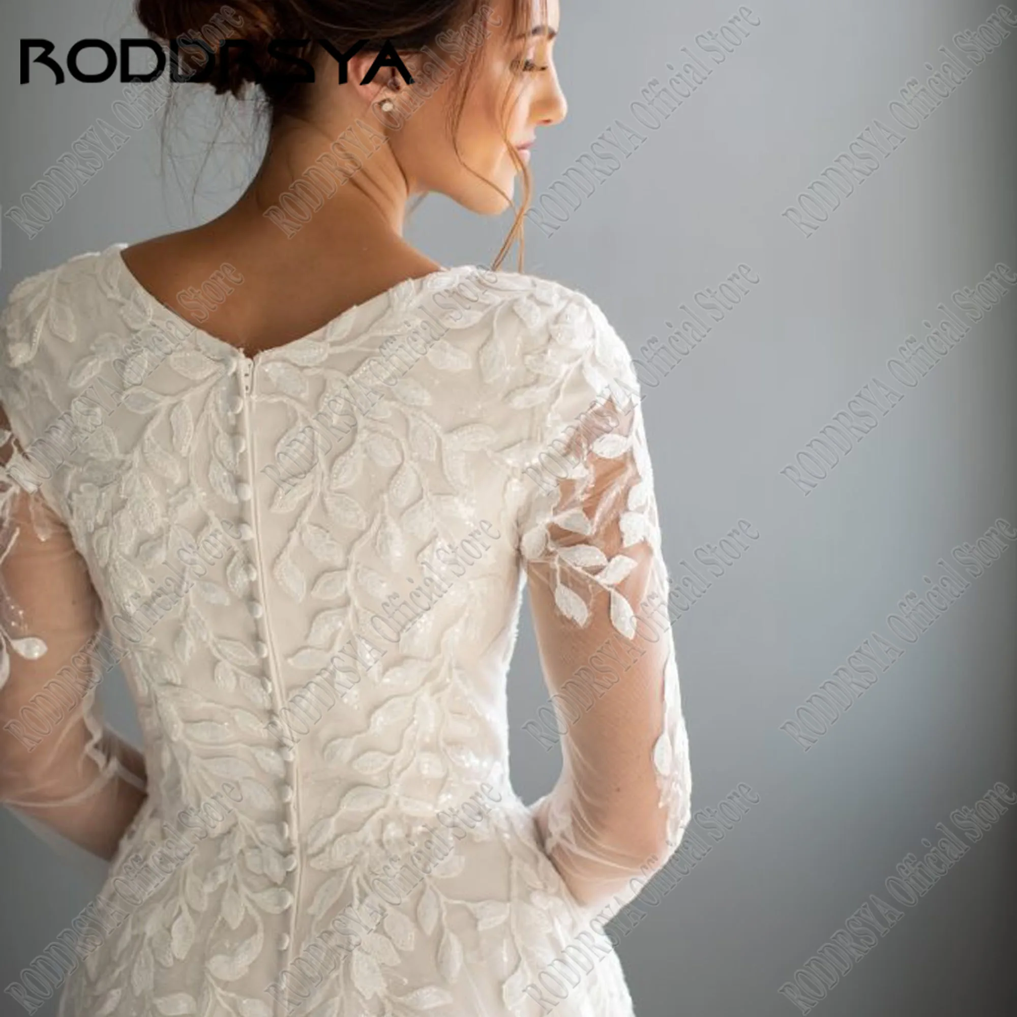 Roddrsya muslimische volle Ärmel Hochzeits kleid Applikation Spitze V-Ausschnitt Zivil Brautkleider Sweep Zug Vestido de Novia angepasstRODDRSYA Muslim Full Sleeve Brautkleid Applique Spitze V-Ausschnitt Zivil Brautkle – Detail 11