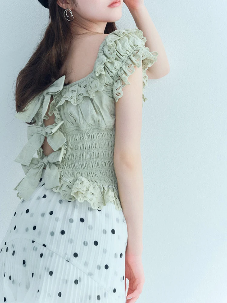 

New Spring Summer Moon Tooth Beauty Lace Knot Backless Top with Ruffle Skirt Two Piece Set Women's Fashion