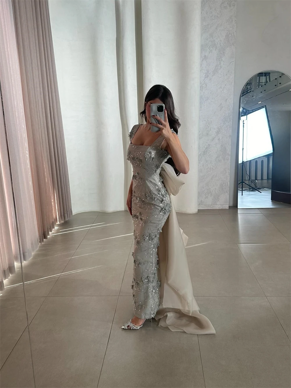 

Простое вечернее платье из зеленого джерси по индивидуальному заказу, вечернее платье без рукавов с квадратным воротником, мягкие коктейльные платья с аппликацией русалки