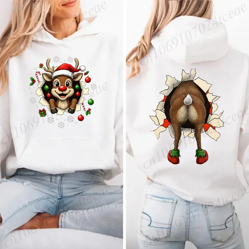 Christmas Reindeer Print Hoodie Women Street Casual Fashion Trend Long-sleeve Sweatshirt Autumn Winter Top Funny Xmas Clothes