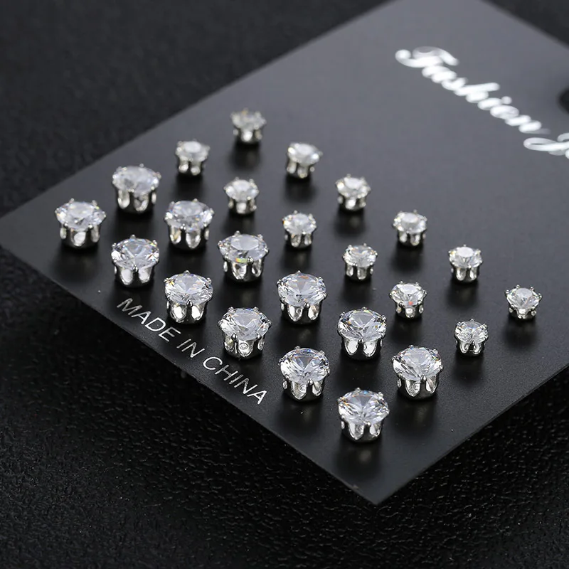 Maximum 36 Pairs Shiny Zircon Stud Earrings Set for Women Men Daily Versatile Chic Silver Color Crystal Ear Jewelry Accessories