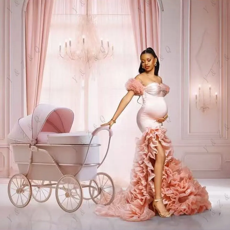 

Розовое многослойное женское платье из органзы для фотосессии беременных, платье-русалка макси, милое длинное платье для беременных с боковым разрезом, на заказ