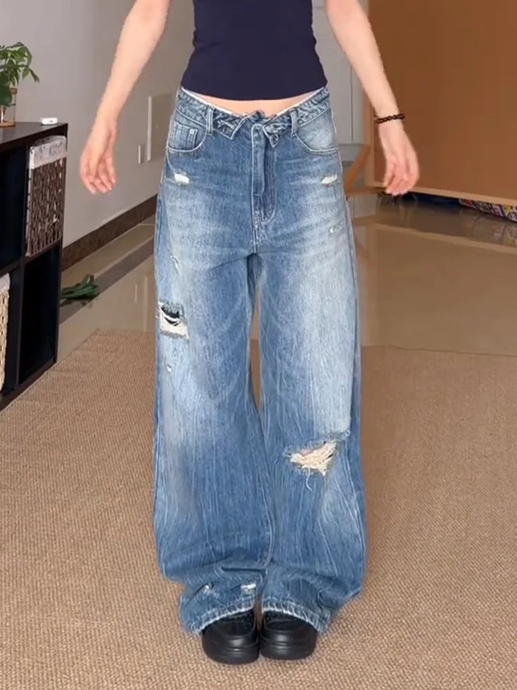 

Retro American Hot Girl Design Denim Jeans Women Summer Fashion Distressed Floor-Length Pants Natural Waist Pure Color
