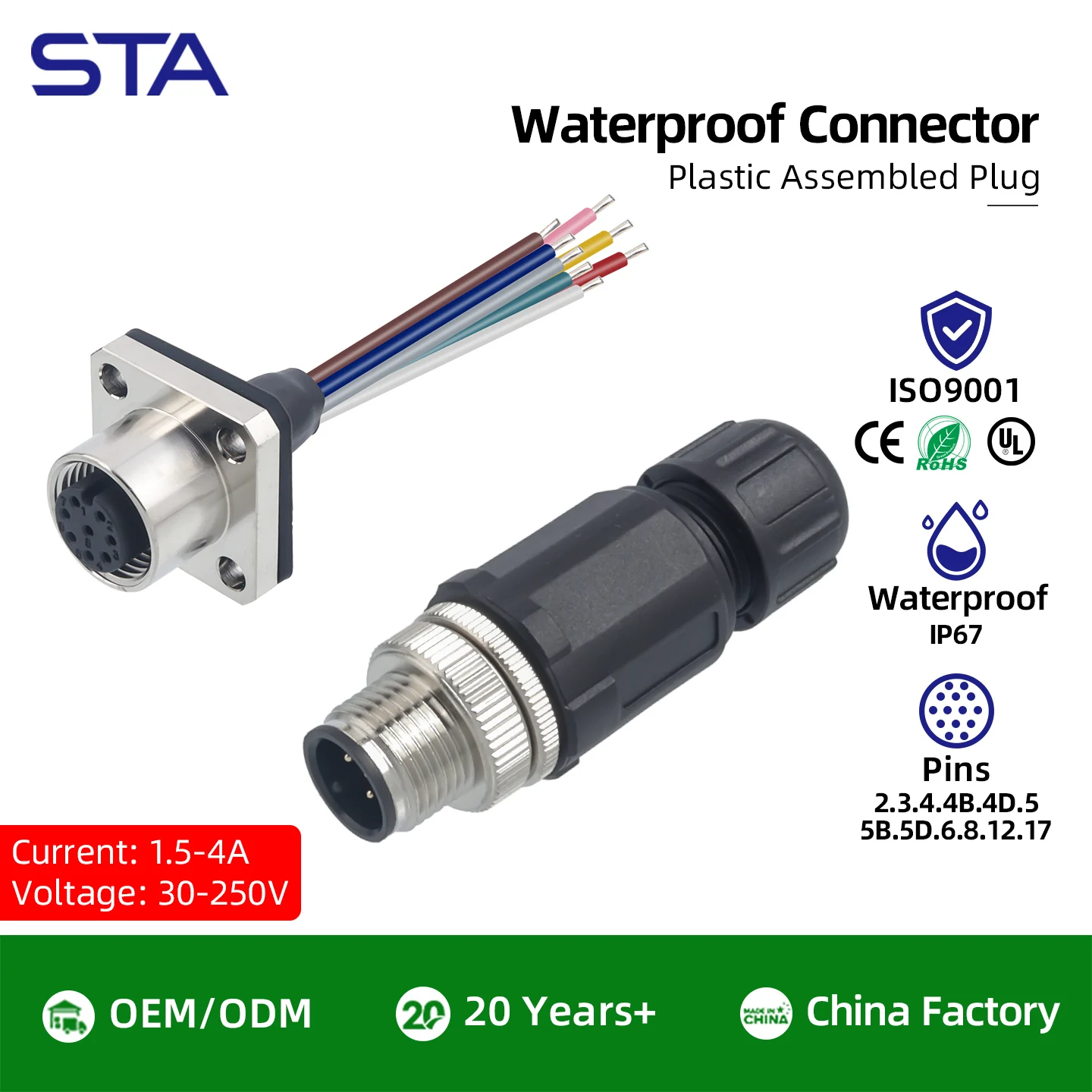 Waterproof IP67 M12 2/3/4/5/6/8/12/17Pins A/B/C/D code Aviation plug male female straight solder type Circular of Connector