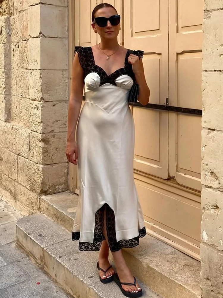 トレンドレースホローサテンロングドレス、セクシーなオフショルダーラッフルスリットマキシドレス、パーティー、クラブ、バックレスエレガントなイブニングドレス