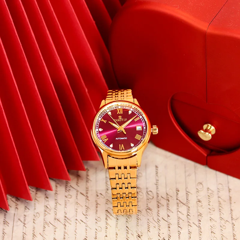 

Женские модные часы с турбийоном в желтом и красным стальным ремешком с римскими цифрами, полностью автоматический механический механизм