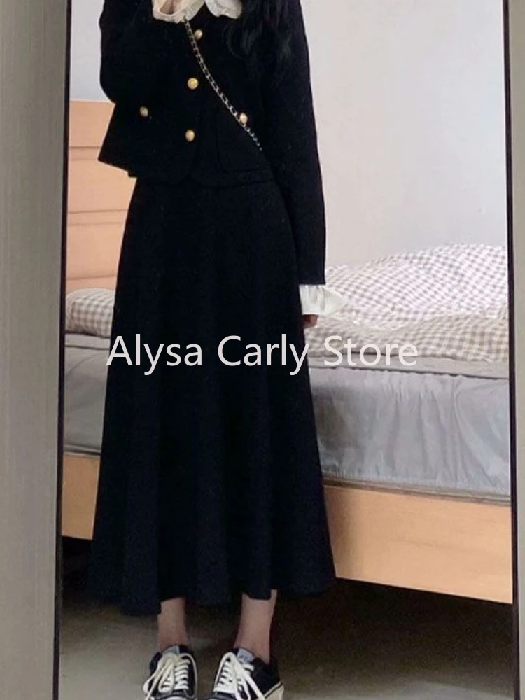 Autumn Elegant Two Piece Set Women Vintage Button Crop Coat Midi Skirt Set Female Vintage Slim Office Lady Formal Occasion Set